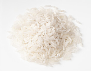 pile of long-grain polished rice closeup on white