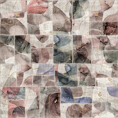 Seamless patchwork collage mix quilt pattern print. High quality illustration. Random selection of small rectangular fabric patterns stitched together digitally into a seamless pattern for print.