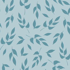 Blue leaves and stems on a light blue background. Simple delicate seamless pattern. Hand drawn illustration. For printing on textiles, packaging. Botanical print.