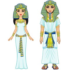 Animation Egyptian imperial family in ancient clothes. Full growth. Isolated on a white background.