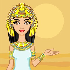 Portrait of the animation Egyptian princess. Background desert. Vector illustration.