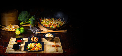 Fried vegetables from the wok with deep fried meat