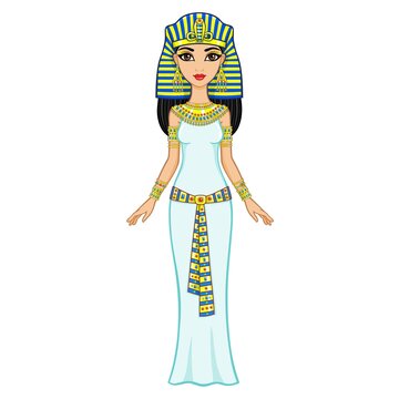 Animation Egyptian princess in gold jewelry. Queen Cleopatra. Full growth. The vector illustration isolated on a white background.