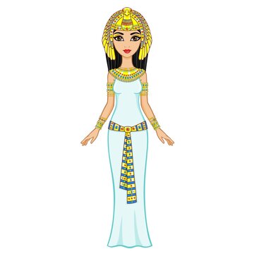 Animation Egyptian princess in gold jewelry. Goddess Isida. Full growth. The vector illustration isolated on a white background.