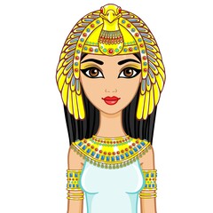 Portrait of the animation Egyptian princess in gold jewelry. Goddess Isida. The vector illustration isolated on a white background.