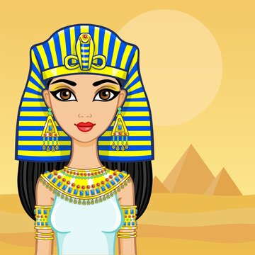 Animation portrait of the Egyptian queen. A background - a landscape the desert, pyramids. The place for the text.
