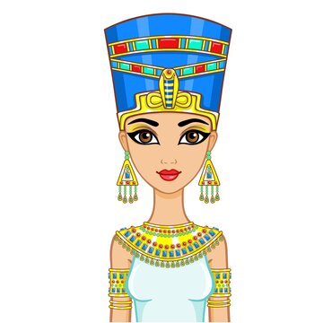 Portrait of the animation Egyptian princess in gold jewelry. Queen Nefertiti. The vector illustration isolated on a white background.