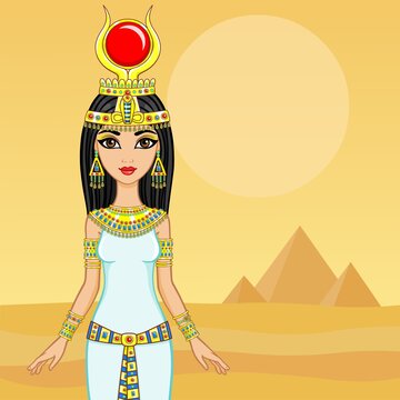 Animation portrait of the Egyptian queen. A background - a landscape the desert, pyramids. The place for the text.