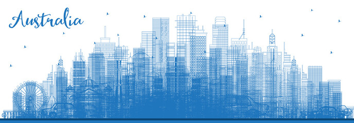 Outline Australia City Skyline with Blue Buildings. - obrazy, fototapety, plakaty