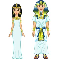 Animation Egyptian imperial family in ancient clothes. Full growth. Isolated on a white background.