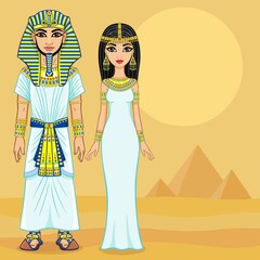 Animation Egyptian family in ancient clothes. Full growth. Background - the desert and pyramids.