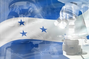 Microscope on Honduras flag - science development conceptual background. Research in biotechnology or medicine, 3D illustration of object