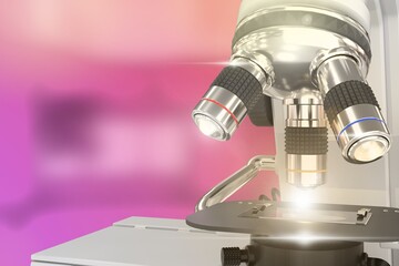 coronavirus analysis concept, object 3D illustration -  laboratory hi-tech scientific microscope with flare on soft focus background