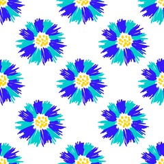 Fototapeta na wymiar Simple colored floral vector seamless pattern. Bright blue cornflowers on a white background. For fabric prints, kitchen textiles, tablecloths, wallpaper, packaging.