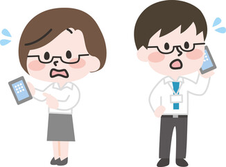 二頭身_スマホを使うオフィス社員たち(焦り)