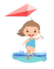 Girl is having fun. Waves of water in river, sea or ocean. Kite. Swimming, diving and water sports. Pool. Isolated on white background. Illustration in cartoon style. Flat design. Vector art