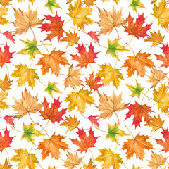 Fototapeta premium Beautiful vector seamless autumn pattern with watercolor colorful maple leaves. Stock illustration.