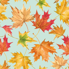 Beautiful vector seamless autumn pattern with watercolor colorful maple leaves. Stock illustration.