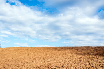 Fototapeta na wymiar Plowed brown field and white clouds on blue sky.cloudy sky over brown field.Spring summer day.
