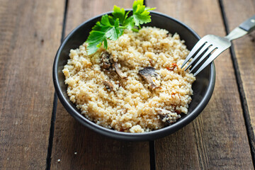 couscous vegetables and spices no meat appetizer fresh portion organic, wholesome dish on the table healthy food meal snack copy space food background rustic. top view veggie vegan or vegetarian food