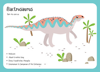 Dinosaur Fact Flash Cards - Dinosaur Names Corresponding to the English Alphabet. Cute colorful vector illustration. Herbivore set. Dinosaur vegan. Bactrosaurus
