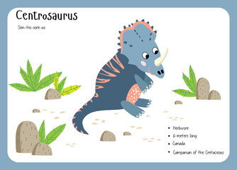 Dinosaur Fact Flash Cards - Dinosaur Names Corresponding to the English Alphabet. Cute colorful vector illustration. Herbivore set. Dinosaur vegan. Centrosaurus
