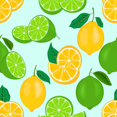 Seamless pattern with yellow and green fresh juicy limes or lemons slices, hand drawn cartoon flat citrus fruits vector illustration.