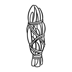 Mugwort smudge stick tied with thread hand-drawn doodle isolated icon. Vector stock plant leaves image. Herb bundle