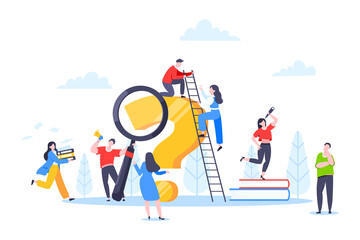 Q and A or FAQ concept with tiny people characters, big question mark, frequently asked questions template. Answers business support concept flat style design vector illustration.