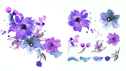 Fototapeta na wymiar Watercolor purple floral elements for design of invitations, greeting cards