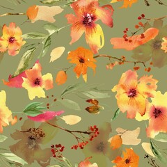 Watercolor hand painted seamless 
floral pattern with bright orange flowers and red berries