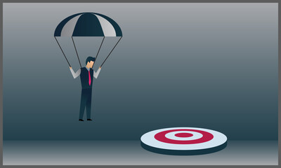 vector flat illustration of business with parachute, plunging towards the target