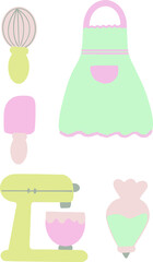 Set of a young cook. Children's illustration of a kitchen mixer, apron, pastry chef's set. Set of stickers