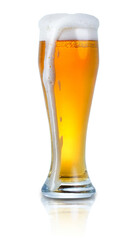 single long glass of beer isolated on white  background