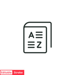 Glossary, vocabulary line icon. Simple outline icon. Grammar, english, study, symbol, dictionary, language, read, book concept. Vector illustration isolated on white background. Editable stroke EPS 10