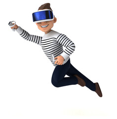 Fun 3D illustration of a cartoon man with a VR helmet