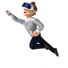 Fun 3D illustration of a cartoon man with a VR helmet