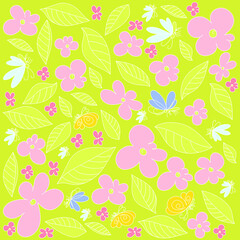 Vector seamless pattern with leaves, flowers and butterflies in the style of doodle. Bright texture for printing on clothes, interior decor and printing.