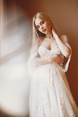 Fototapeta na wymiar The beautiful young woman posing in a wedding dress