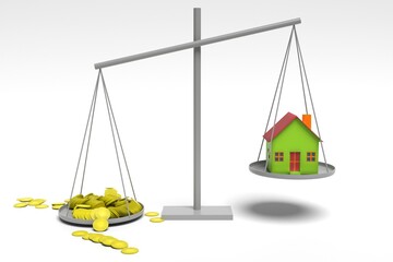 3D illustration. Scales symbol with coins and home