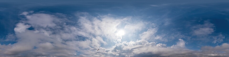 Fototapeta premium Blue sky panorama with Cirrus clouds in Seamless spherical equirectangular format. Full zenith for use in 3D graphics, game and editing aerial drone 360 degree panoramas for sky replacement.