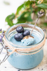 Homemade lavender ganache made with white chocolate, cream and blue spirulina. Provence style with lavender.