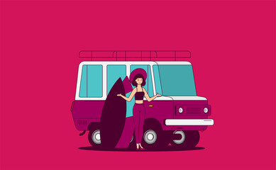 Summer holidays vector illustration,flat design beach with car and surf