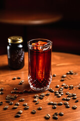 A cocktail in a collins highball glass with an ice spear, coffee beans around, a glass jar with words COFFEE BEANS on it, on a wooden table, at the bar.