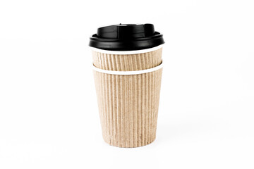 Used kraft paper coffee cup isolated on white background. Take away delivery concept. Part of set.