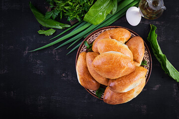 Traditional Ukrainian pies with eggs, green onion, sorrel on dark  background. Russian piroshki, homemade baked patties. Top view, above, copy space © timolina