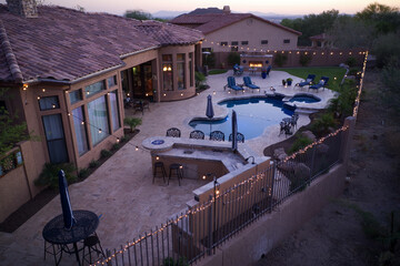 a high definition aerial view of a desert landscaped backyard in Arizona.