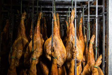 a lot of Serrano hams prepared to send Jamon serrano. A Spanish ham. Iberian Ham