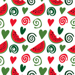 Geometric seamless pattern of hearts, spirals and watermelon slices, abstract background of simple shapes, bright summer texture