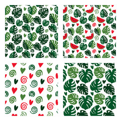 Seamless texture of green monstera leaves, hearts, spirals and watermelon slices. 
Foliage pattern, natural abstract background. Vector set of bright floral summer texture.